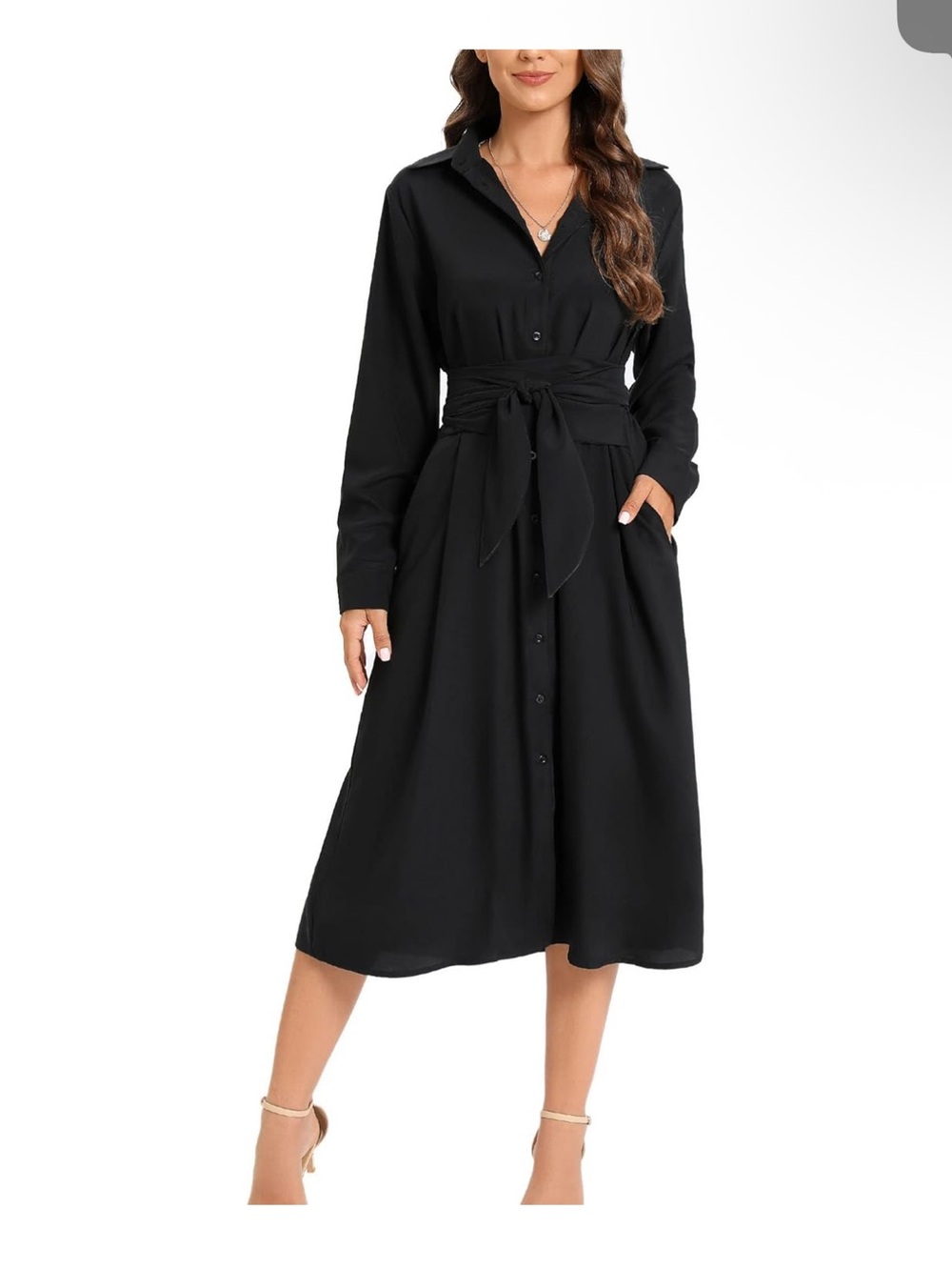 Long Sleeve Black Button-Front Midi Shirt Dress with Waist Tie